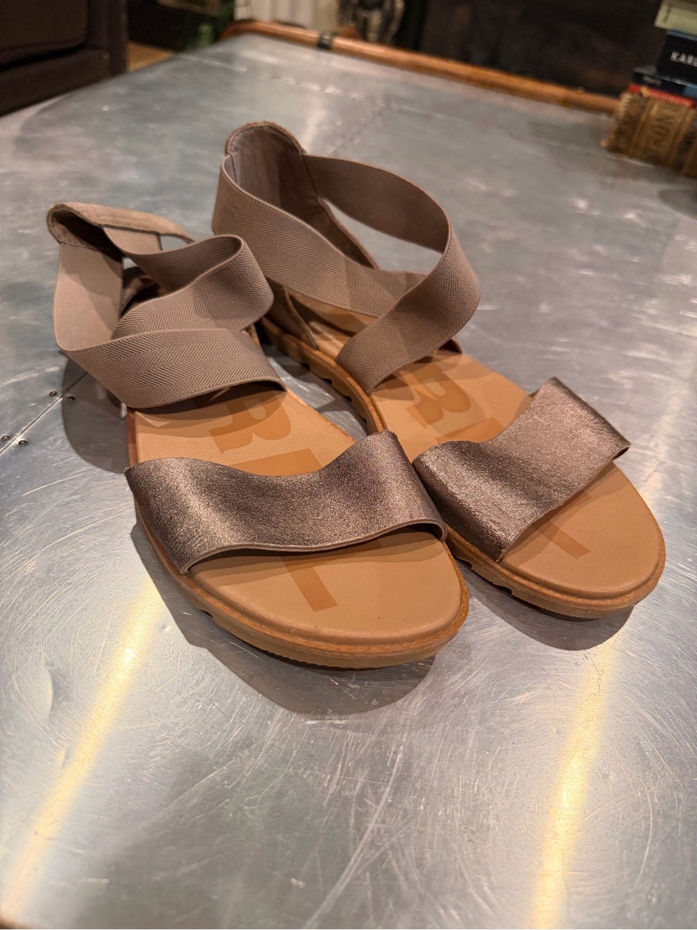 SOREL Women's Metallic Taupe Strappy Flat Sandals